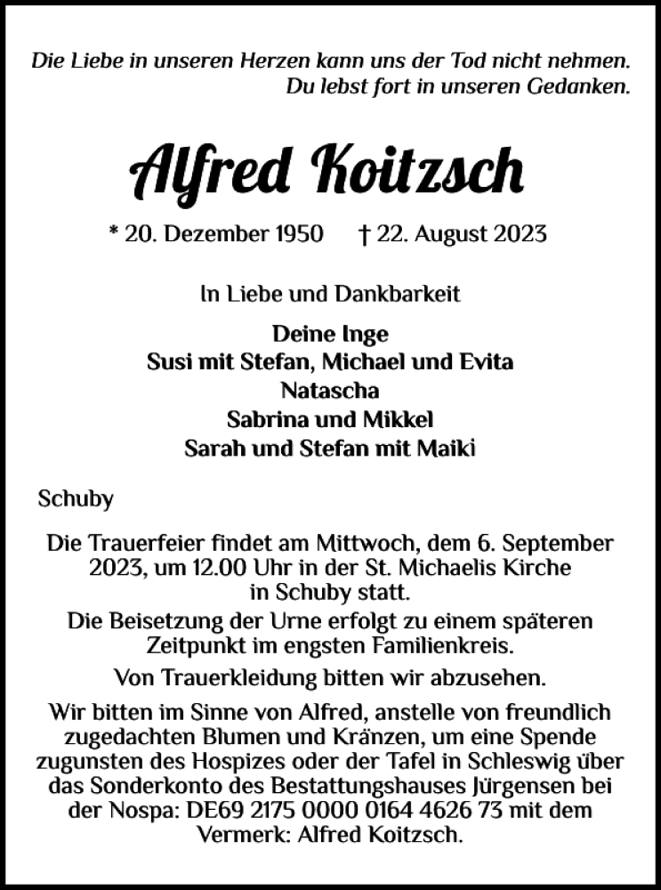  Traueranzeige für Alfred Koitzsch vom 02.09.2023 aus Schleswiger Nachrichten