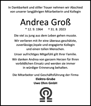 Traueranzeige von Andrea Groß von Landeszeitung