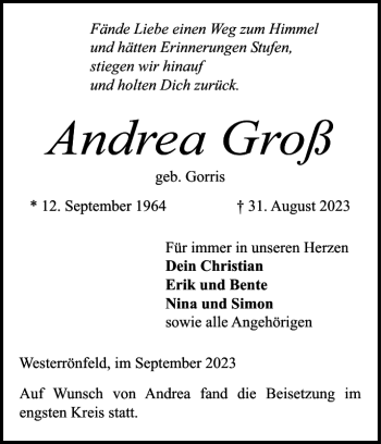 Traueranzeige von Andrea Groß von Landeszeitung