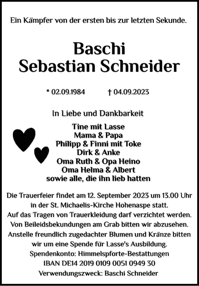  Traueranzeige für Baschi Sebastian Schneider vom 09.09.2023 aus Norddeutsche Rundschau