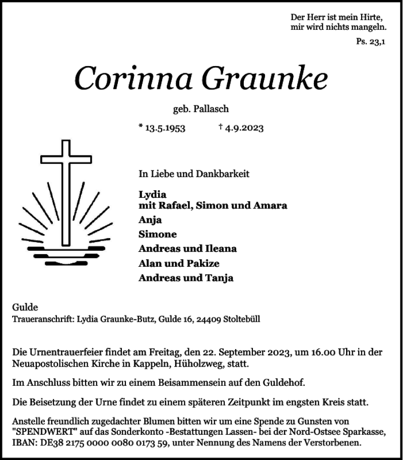  Traueranzeige für Corinna Graunke vom 09.09.2023 aus Flensburger Tageblatt