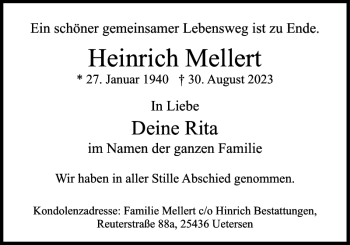 Traueranzeige von Heinrich Mellert von Pinneberger Tageblatt