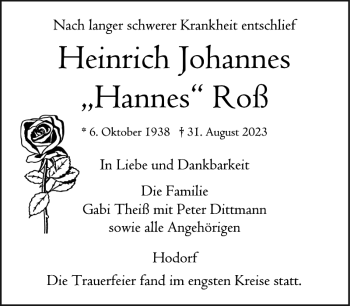 Traueranzeige von Heinrich Johannes Hannes Roß von Norddeutsche Rundschau