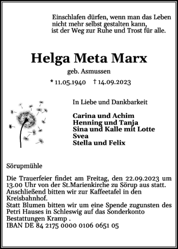 Traueranzeige von Helga Meta Marx von Flensburger Tageblatt