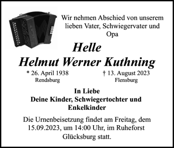Traueranzeige von Helmut Werner Kuthning Helle von Flensburger Tageblatt
