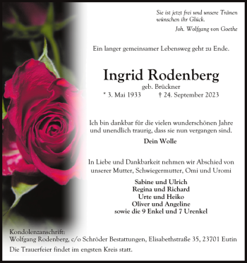 Traueranzeige von Ingrid Rodenberg von Ostholsteiner Anzeiger