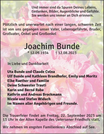 Traueranzeige von Joachim Bunde von Uetersener Nachrichten