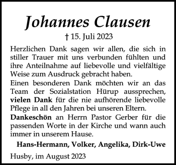 Traueranzeige von Johannes Clausen von Flensburger Tageblatt