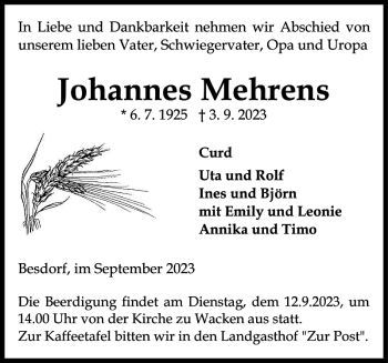 Traueranzeige von Johannes Mehrens von Norddeutsche Rundschau