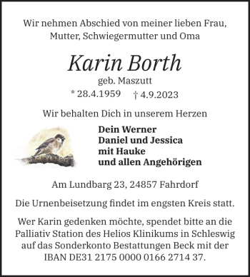 Traueranzeige von Karin Borth von Schleswiger Nachrichten