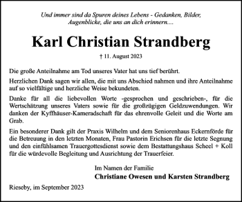 Traueranzeige von Karl Christian Strandberg von Eckernförder Zeitung