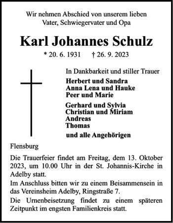 Traueranzeige von Karl Johannes Schulz von Flensburger Tageblatt