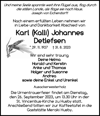 Traueranzeige von Karl Kalli Johannes Detlefsen von Flensburger Tageblatt