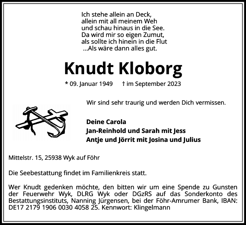  Traueranzeige für Knudt Kloborg vom 27.09.2023 aus Der Insel-Bote