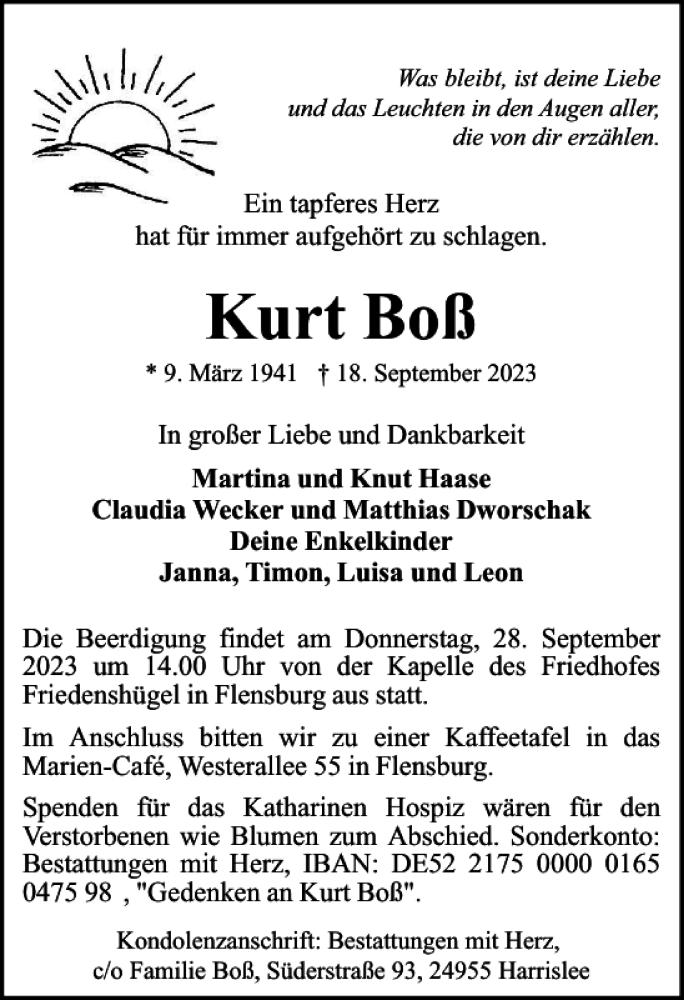  Traueranzeige für Kurt Boß vom 23.09.2023 aus Flensburger Tageblatt