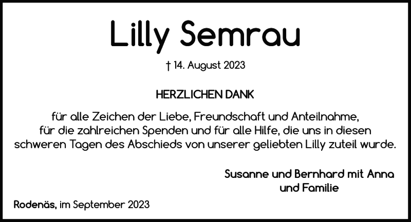  Traueranzeige für Lilly Semrau vom 02.09.2023 aus Nordfriesland Tageblatt