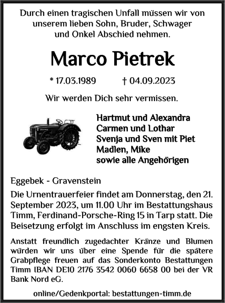  Traueranzeige für Marco Pietrek vom 16.09.2023 aus Flensburger Tageblatt