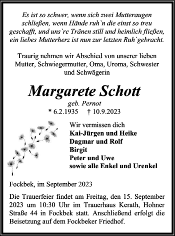 Traueranzeige von Margarete Schott von Landeszeitung