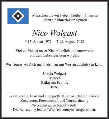 Traueranzeige von Nico Wolgast von Stormarner Tageblatt