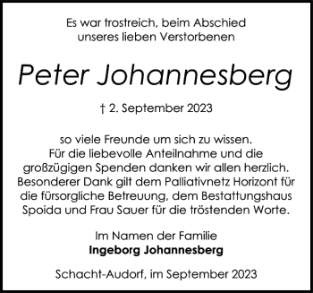 Traueranzeige von Peter Johannesberg von Landeszeitung