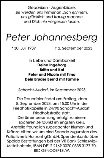 Traueranzeige von Peter Johannesberg von Landeszeitung