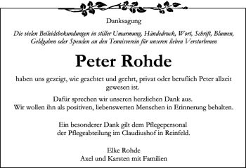 Traueranzeige von Peter Rohde Peter Rohde von Stormarner Tageblatt