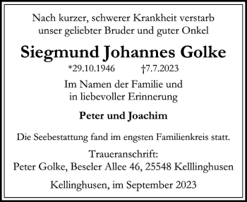 Traueranzeige von Siegmund Johannes Golke von Norddeutsche Rundschau