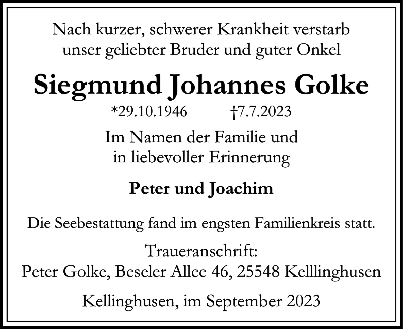  Traueranzeige für Siegmund Johannes Golke vom 16.09.2023 aus Norddeutsche Rundschau