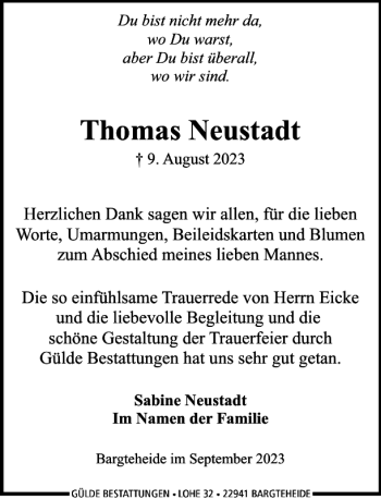 Traueranzeige von Thomas Neustadt von Stormarner Tageblatt