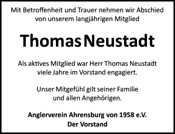 Traueranzeige von Thomas Neustadt von Stormarner Tageblatt