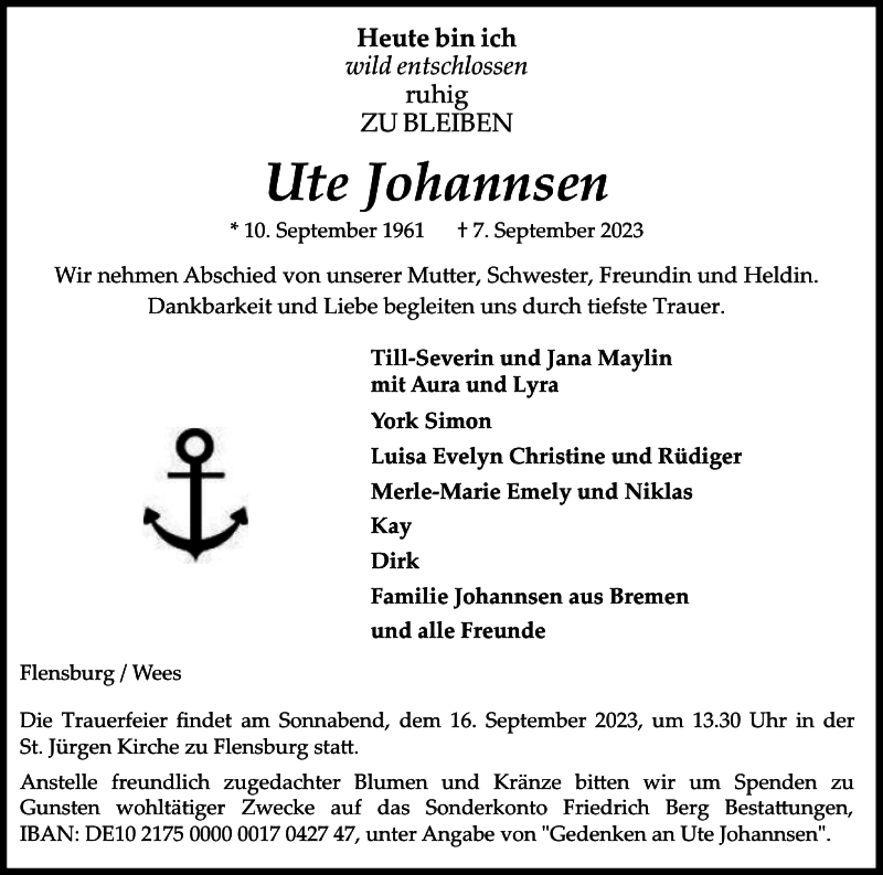  Traueranzeige für Ute Johannsen vom 09.09.2023 aus Flensburger Tageblatt