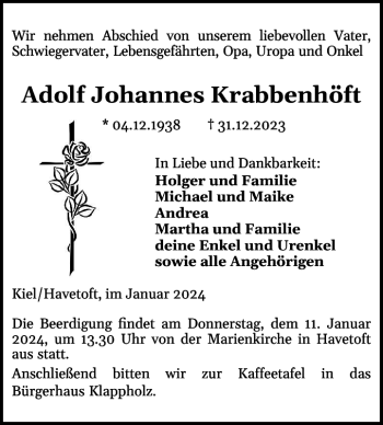 Traueranzeige von Adolf Johannes Krabbenhöft von Flensburger Tageblatt