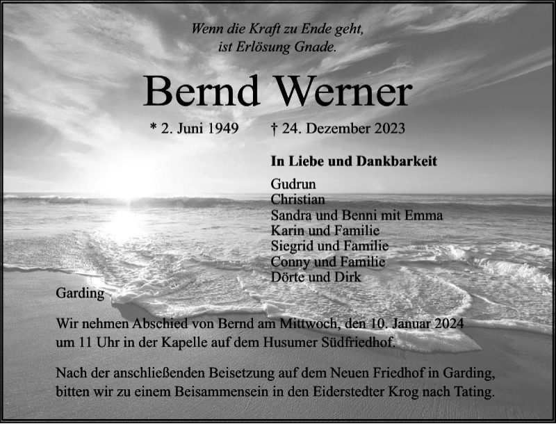  Traueranzeige für Bernd Werner vom 03.01.2024 aus Husumer Nachrichten