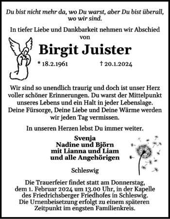 Traueranzeige von Birgit Juister von Schleswiger Nachrichten