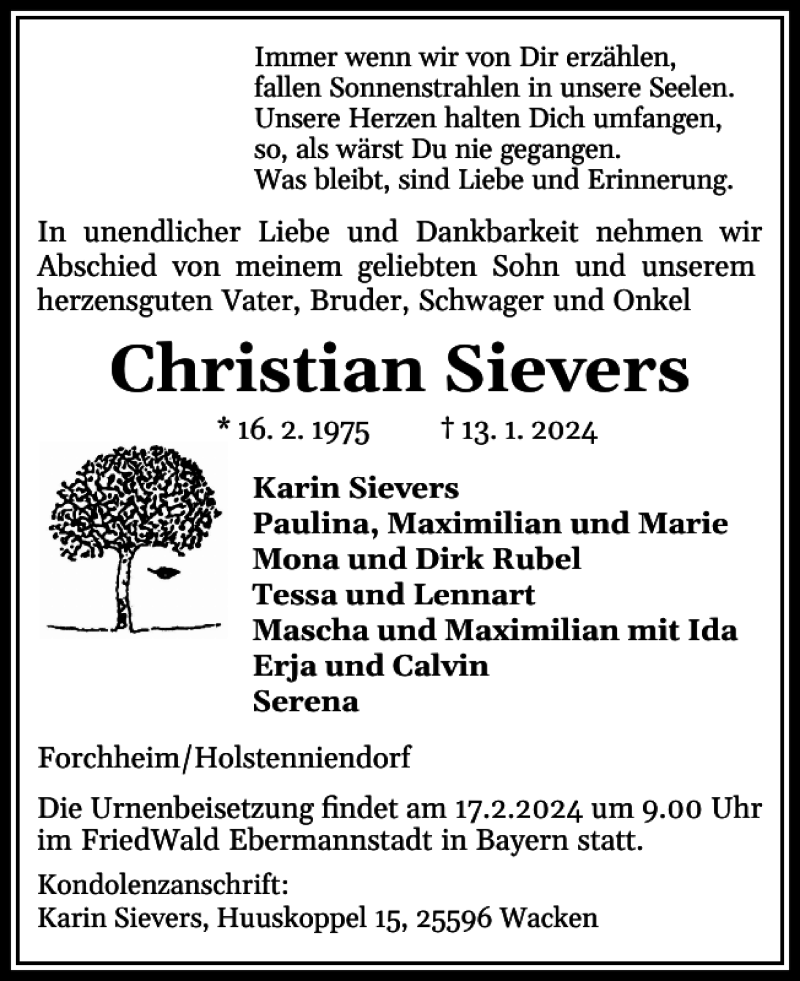  Traueranzeige für Christian Sievers vom 20.01.2024 aus Norddeutsche Rundschau