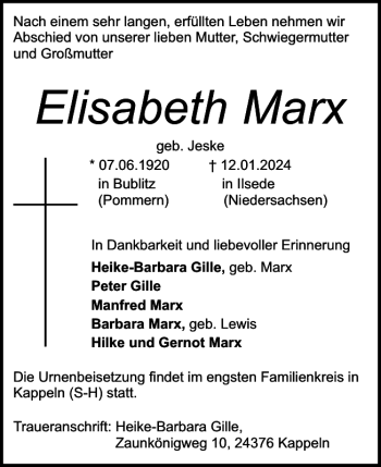 Traueranzeige von Elisabeth Marx von Schleswiger Nachrichten