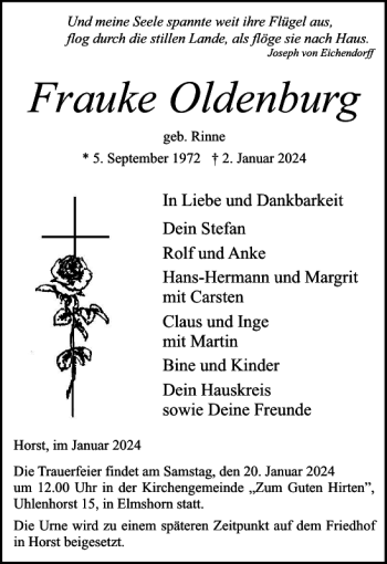 Traueranzeige von Frauke Oldenburg von Elmshorner Nachrichten