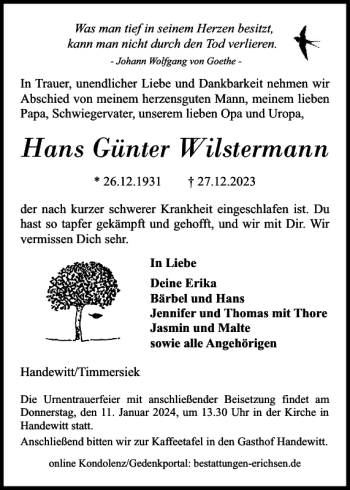 Traueranzeige von Hans Günter Wilstermann von Flensburger Tageblatt