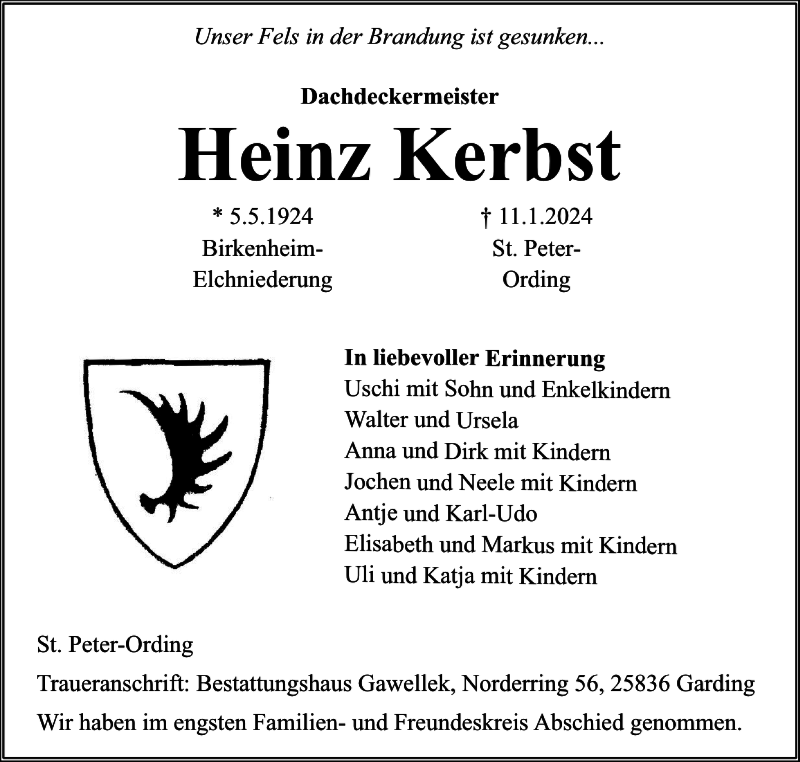  Traueranzeige für Heinz Kerbst vom 27.01.2024 aus Husumer Nachrichten