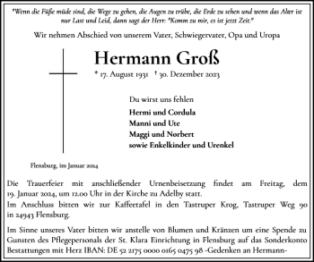 Traueranzeige von Hermann Groß von Flensburger Tageblatt