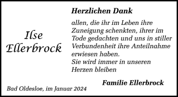 Traueranzeige von Ilse Ellerbrock von Stormarner Tageblatt