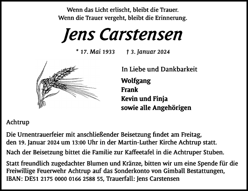  Traueranzeige für Jens Carstensen vom 11.01.2024 aus Husumer Nachrichten