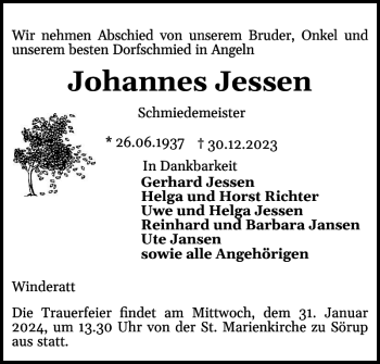 Traueranzeige von Johannes Jessen von Flensburger Tageblatt
