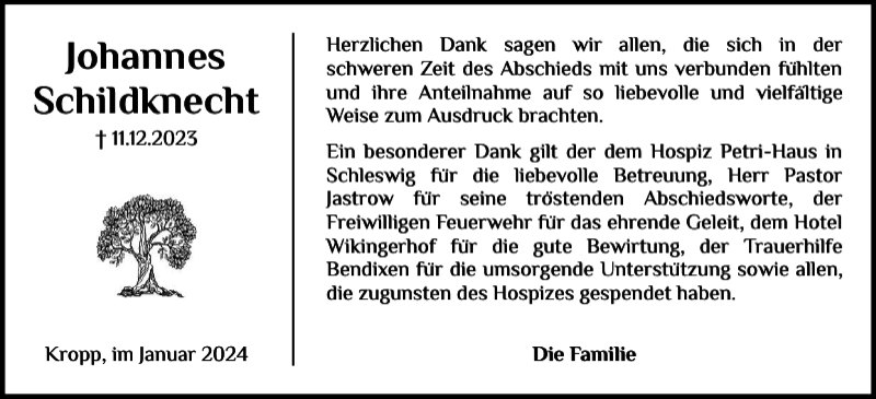  Traueranzeige für Johannes Schildknecht vom 10.01.2024 aus Landeszeitung