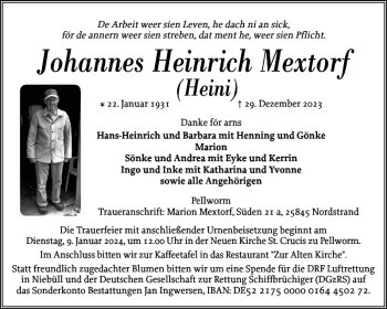 Traueranzeige von Johannes Heinrich Mextorf von Husumer Nachrichten