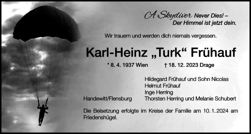  Traueranzeige für Karl-Heinz Turk Frühauf vom 13.01.2024 aus Flensburger Tageblatt