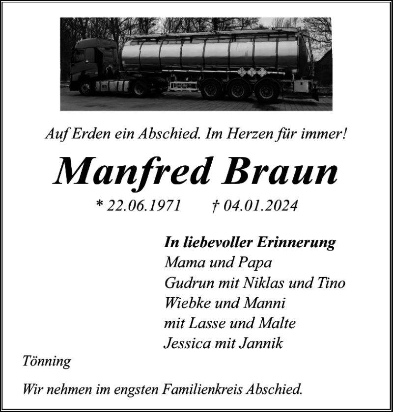  Traueranzeige für Manfred Braun vom 13.01.2024 aus Husumer Nachrichten