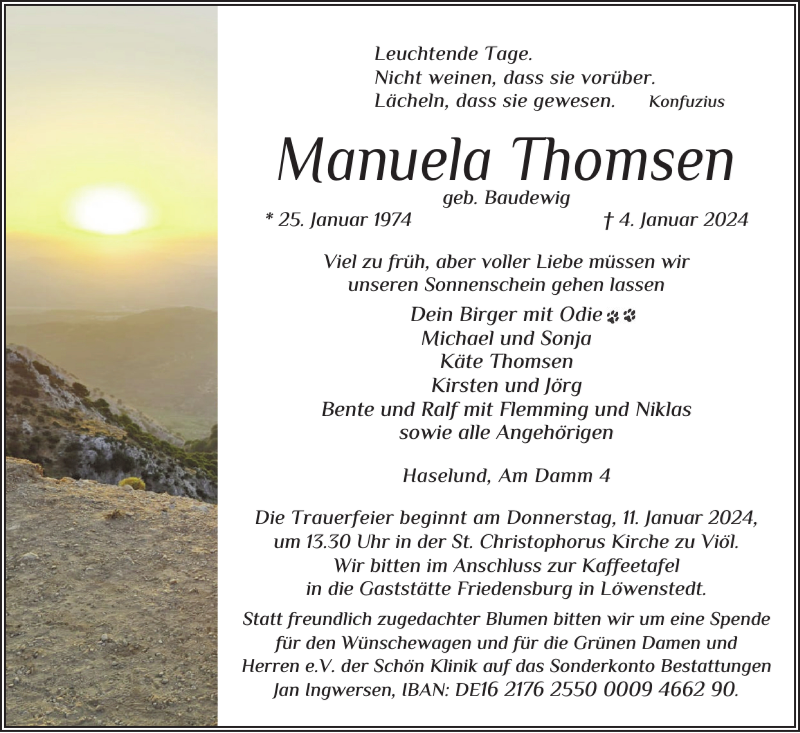  Traueranzeige für Manuela Thomsen vom 09.01.2024 aus Husumer Nachrichten