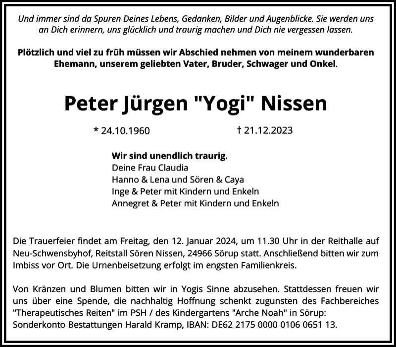  Traueranzeige für Peter Jürgen Yogi Nissen vom 06.01.2024 aus Flensburger Tageblatt