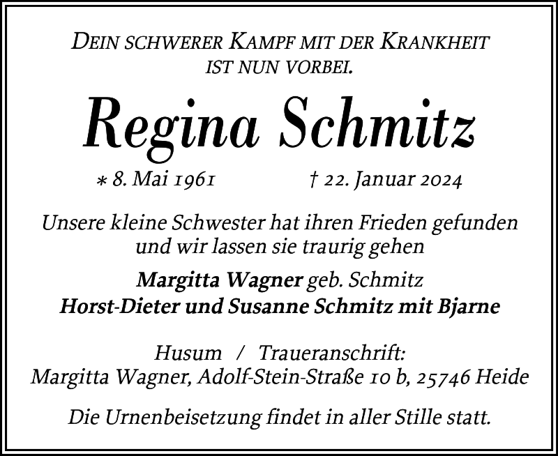  Traueranzeige für Regina Schmitz vom 27.01.2024 aus Husumer Nachrichten